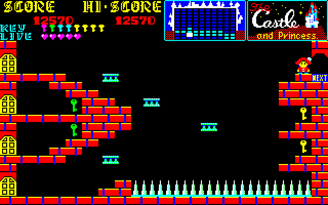Castle, The Sharp X1 Screenshot: These moving platforms help you cross over the deadly spikes.