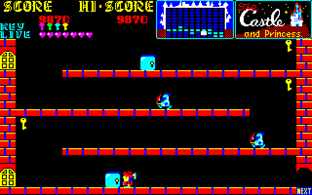 Castle, The Sharp X1 Screenshot: Use this block to jump to the first platform; but then what?