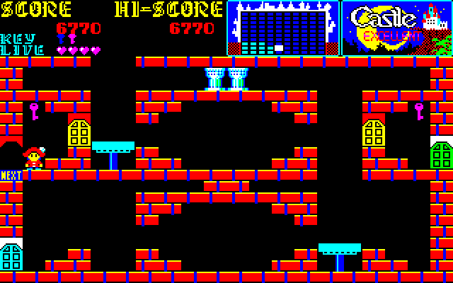 Castlequest PC-8800 Series Screenshot: I have keys, but not the right color to open that door.