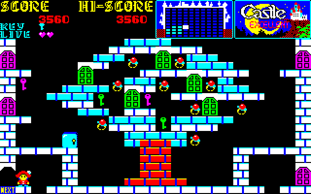 Castlequest PC-8800 Series Screenshot: From this side of the wall I can only go left or down...