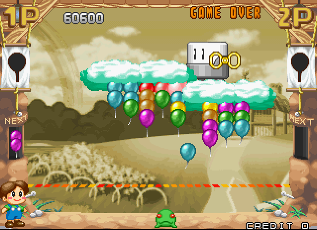 Pop'n Pop Arcade Screenshot: Boss battle; that thing on the clouds pounds them lower towards the ground...