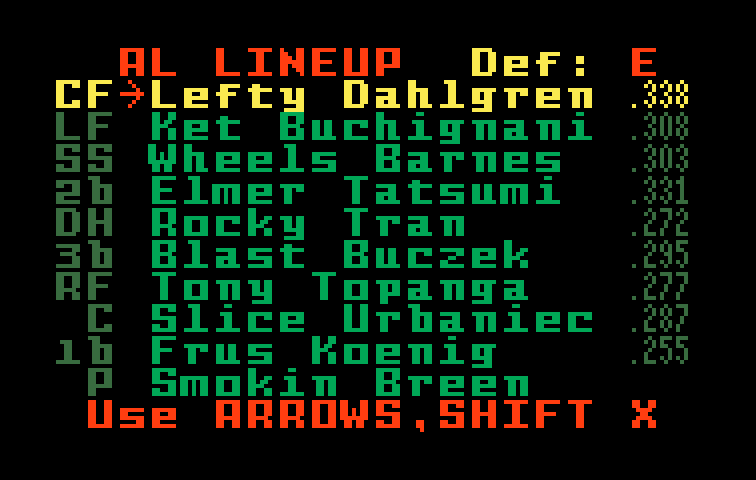 World Series Major League Baseball Intellivision Screenshot: The American League team lineup.