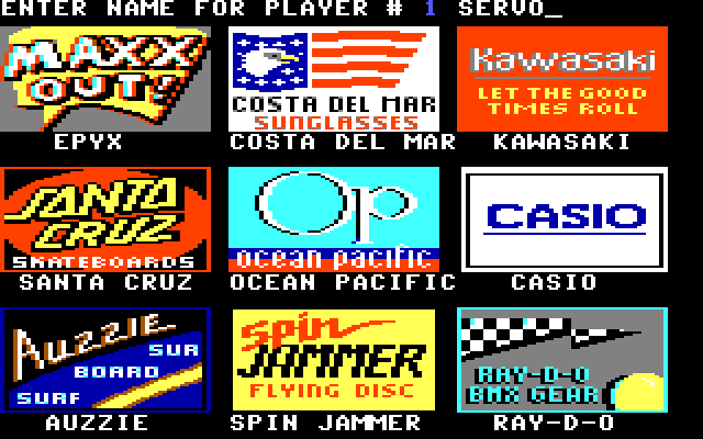 California Games IBM PC/Compatibles Screenshot: First, enter the player names and select sponsors.