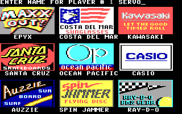 California Games IBM PC/Compatibles Screenshot: First, setup the players and their sponsors.
