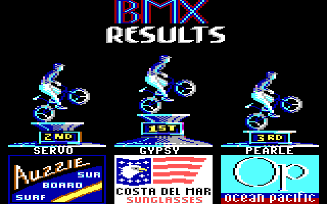 California Games IBM PC/Compatibles Screenshot: BMX bike racing results.