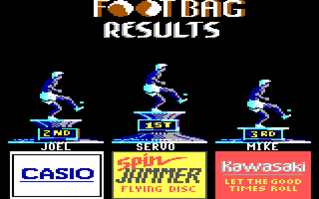 California Games IBM PC/Compatibles Screenshot: The footbag event results.