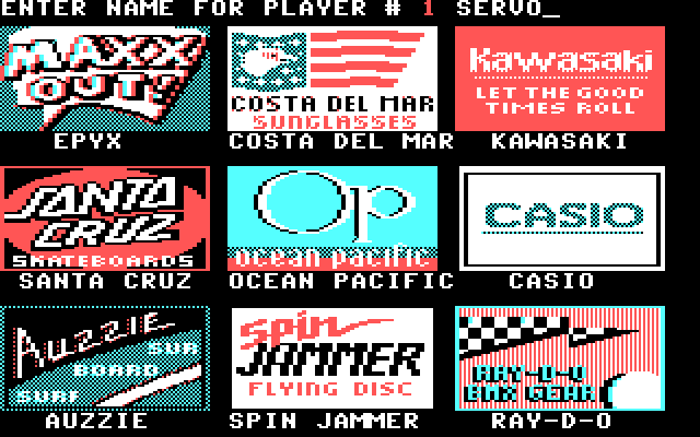 California Games IBM PC/Compatibles Screenshot: First, setup the players and their sponsors.