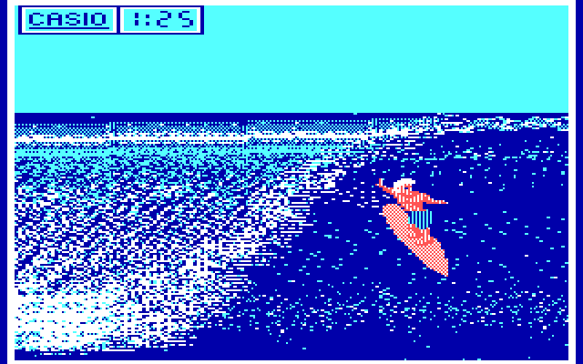 California Games IBM PC/Compatibles Screenshot: Perform stunts for points, but don't let the wave catch up...
