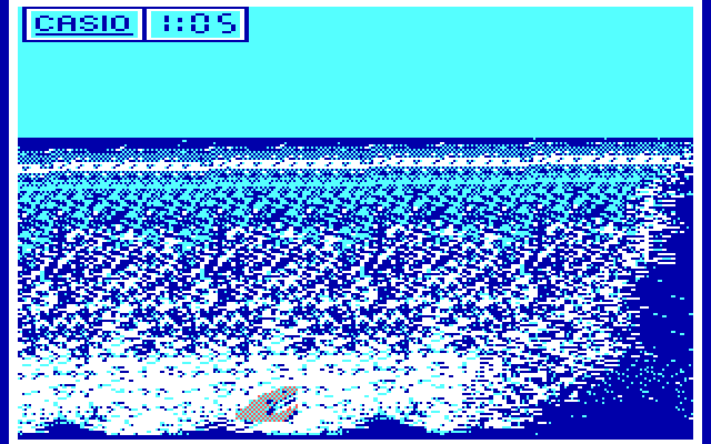 California Games IBM PC/Compatibles Screenshot: I fell off the board, better watch out for this shark!