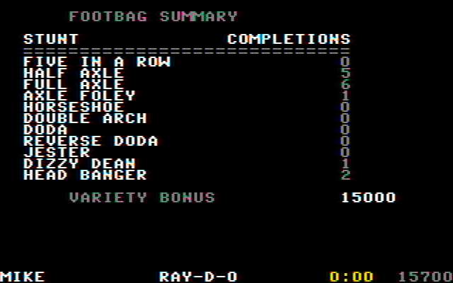 California Games IBM PC/Compatibles Screenshot: Here are the scores for my footbag performance...