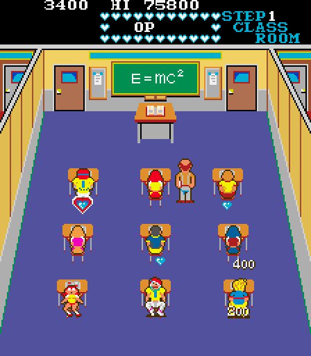 Mikie: High School Graffiti Arcade Screenshot: Sit in a seat to avoid the teacher.