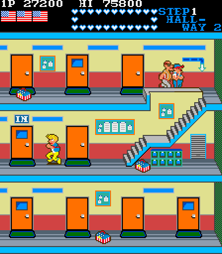 Mikie: High School Graffiti Arcade Screenshot: Running off to the next room!