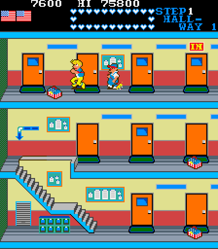 Mikie: High School Graffiti Arcade Screenshot: Run out into the hallway and head to the next room!