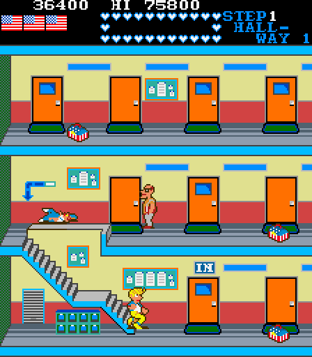 Mikie: High School Graffiti Arcade Screenshot: Running down to the lower level.