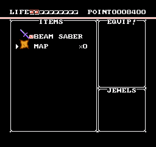 Mugen Senshi Valis: The Fantastic Soldier NES / Famicom Screenshot: Inventory and status screen; I don't have much yet!