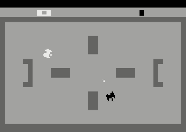 Combat Atari 2600 Screenshot: The battle begins! This game option has some walls to make the battle more interesting.
