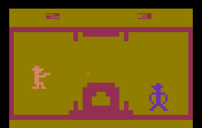 Outlaw Atari 2600 Screenshot: A moving obstacle! In this game variation the stagecoach scrolls vertically.