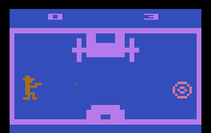 Outlaw Atari 2600 Screenshot: Try to shoot the moving target with a moving stagecoach in the way.