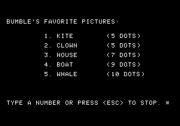 Bumble Games Apple II Screenshot: Choose one of Bumble's favorite pictures, or make your own.