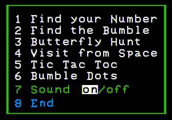 Bumble Games Apple II Screenshot: The main menu.