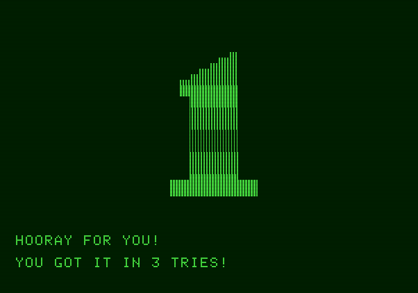Bumble Games Apple II Screenshot: I guessed the number in 3 tries!