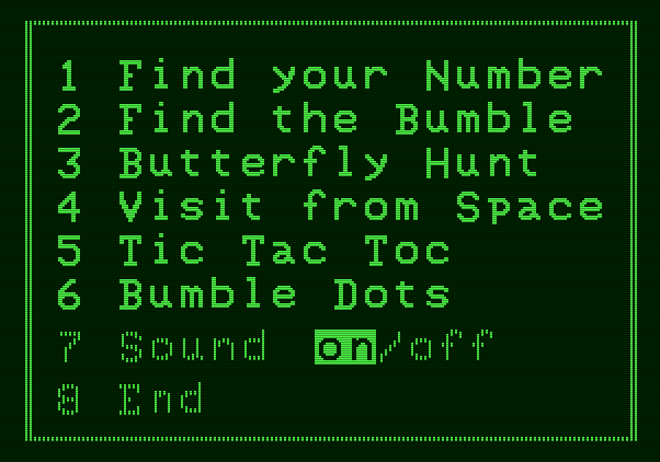 Bumble Games Apple II Screenshot: The main menu.
