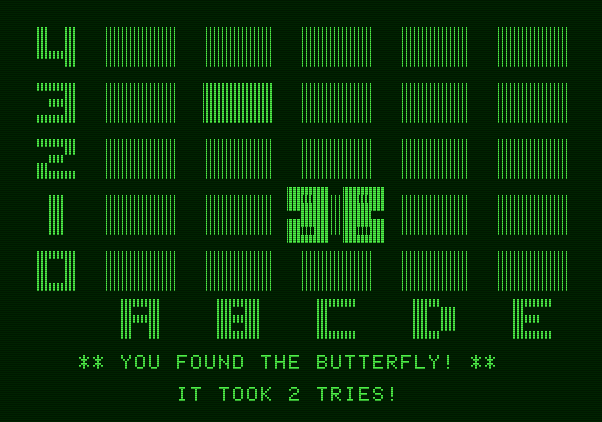 Bumble Games Apple II Screenshot: I found the butterfly in 2 tries!