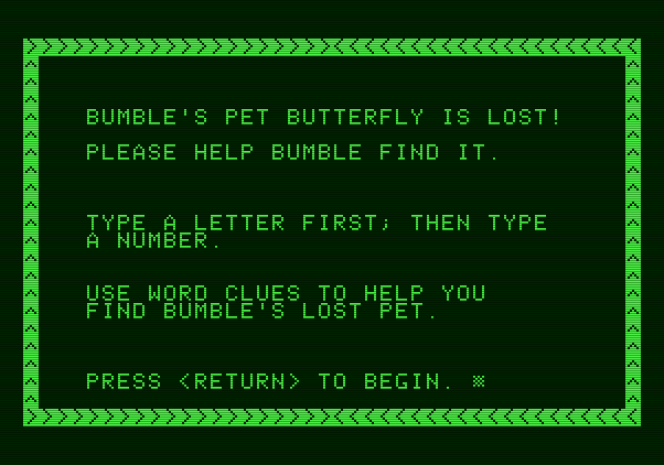 Bumble Games Apple II Screenshot: Lost Butterfly game instructions.