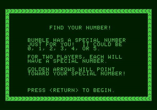 Bumble Games Apple II Screenshot: Find Your Number game instructions.