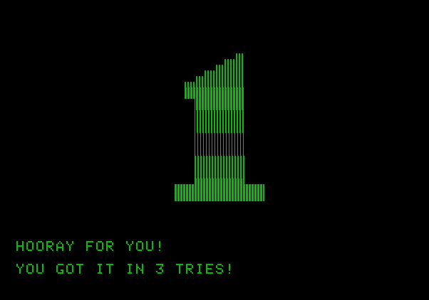 Bumble Games Apple II Screenshot: I guessed the number in 3 tries!