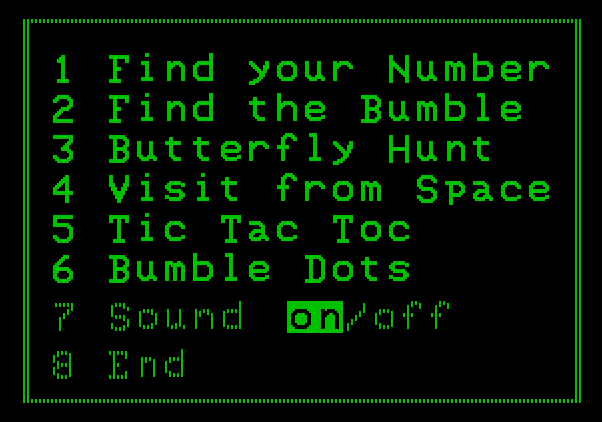 Bumble Games Apple II Screenshot: The main menu.