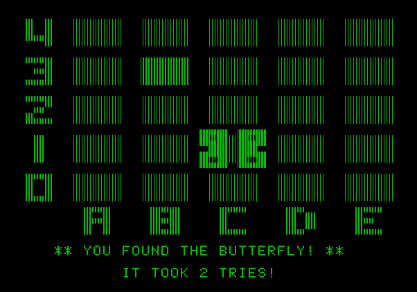 Bumble Games Apple II Screenshot: I found the butterfly in 2 tries!