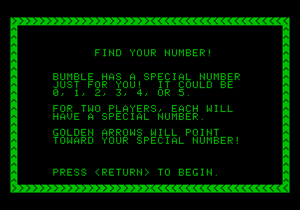 Bumble Games Apple II Screenshot: Find Your Number game instructions.