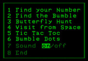 Bumble Games for Apple II - The main menu.