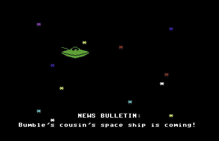 Bumble Games Commodore 64 Screenshot: News bulletin: Bumble's cousing's space ship is coming!