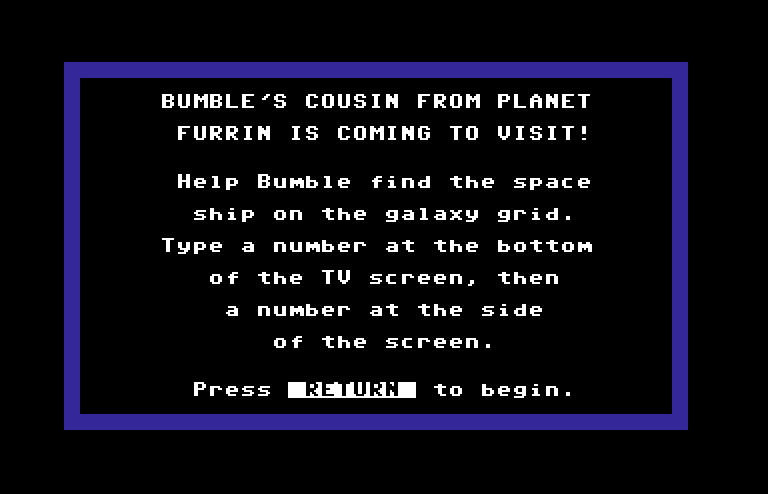 Bumble Games Commodore 64 Screenshot: Bumble's Cousin game instructions.