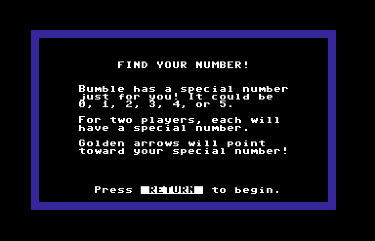 Bumble Games Commodore 64 Screenshot: Find Your Number game instructions.