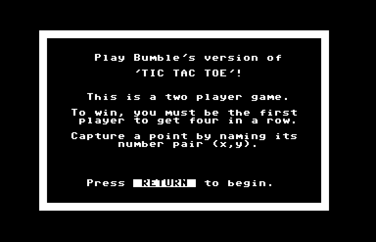 Bumble Games Commodore 64 Screenshot: Tic Tac Toc game instructions.