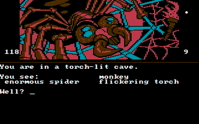 Dallas Quest, The IBM PC/Compatibles Screenshot: I'm in a torch-lit cave...with an enormous spider!