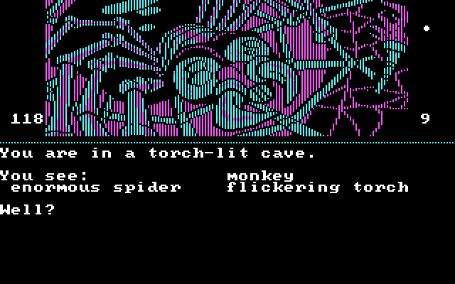 Dallas Quest, The IBM PC/Compatibles Screenshot: In a torch-lit cave with an enourmous spider!