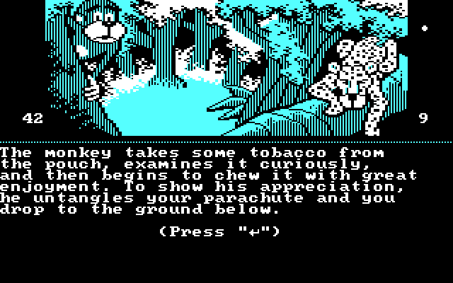 Dallas Quest, The IBM PC/Compatibles Screenshot: An awkward landing, but this monkey helps me out...