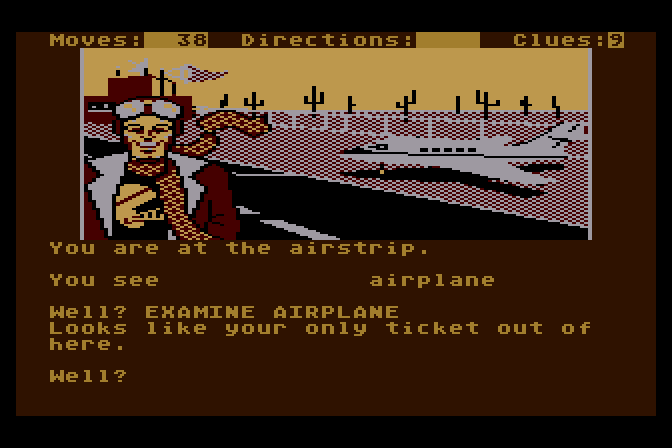 Dallas Quest, The Atari 8-bit Screenshot: Ah, an airplane, that could help me escape!