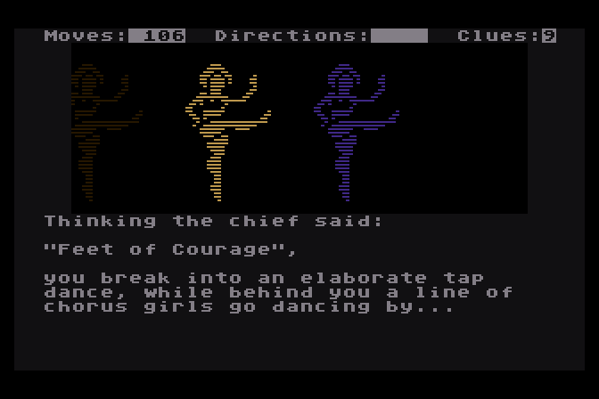 Dallas Quest, The Atari 8-bit Screenshot: A song and dance number? Why not!