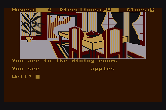 Dallas Quest, The Atari 8-bit Screenshot: Back in the house, this is the dining room...
