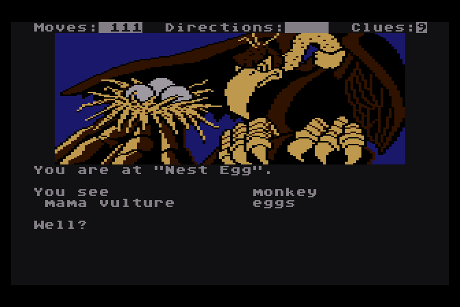 Dallas Quest, The Atari 8-bit Screenshot: Ah, some eggs...but mama vulture doesn't want me to take them!