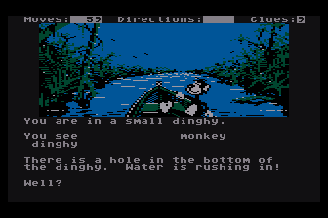 Dallas Quest, The Atari 8-bit Screenshot: Uh oh, this boat will sink if I don't act fast!