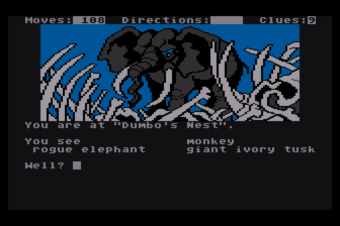 Dallas Quest, The Atari 8-bit Screenshot: This elephant doesn't look friendly...
