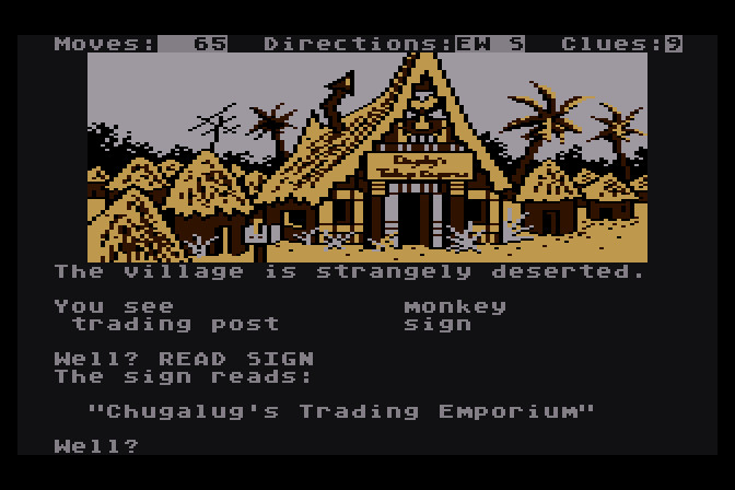 Dallas Quest, The Atari 8-bit Screenshot: Arrived at the Trading Emporium.