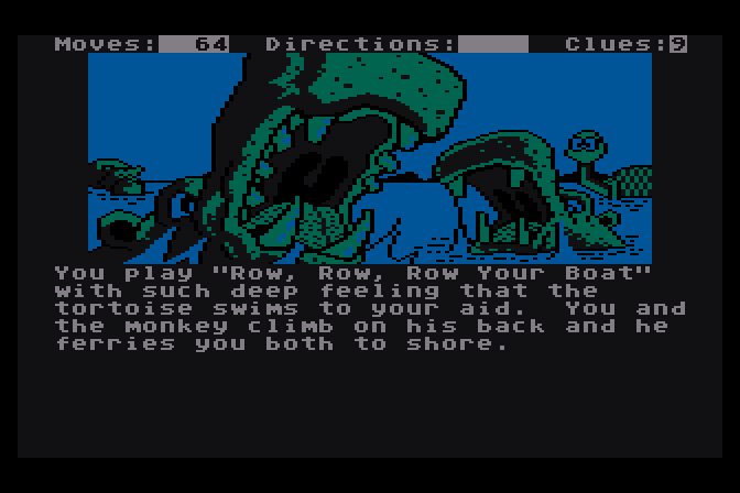Dallas Quest, The Atari 8-bit Screenshot: Rampaging hippos! Luckily, music sedates them...