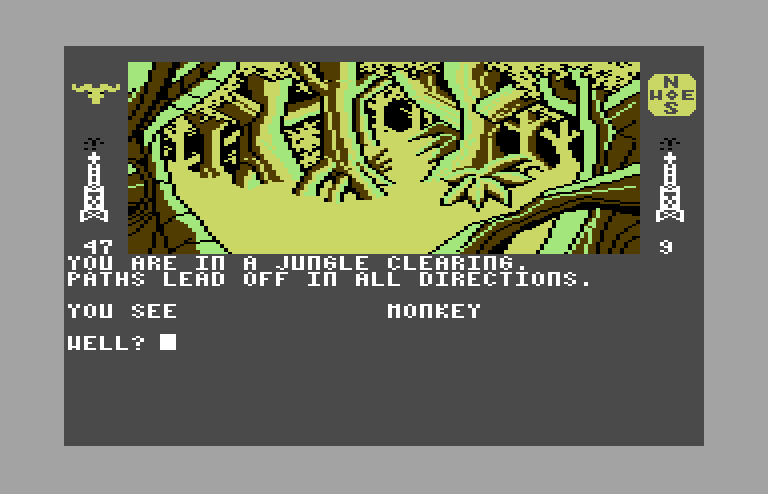 Dallas Quest, The Commodore 64 Screenshot: In a jungle clearing...